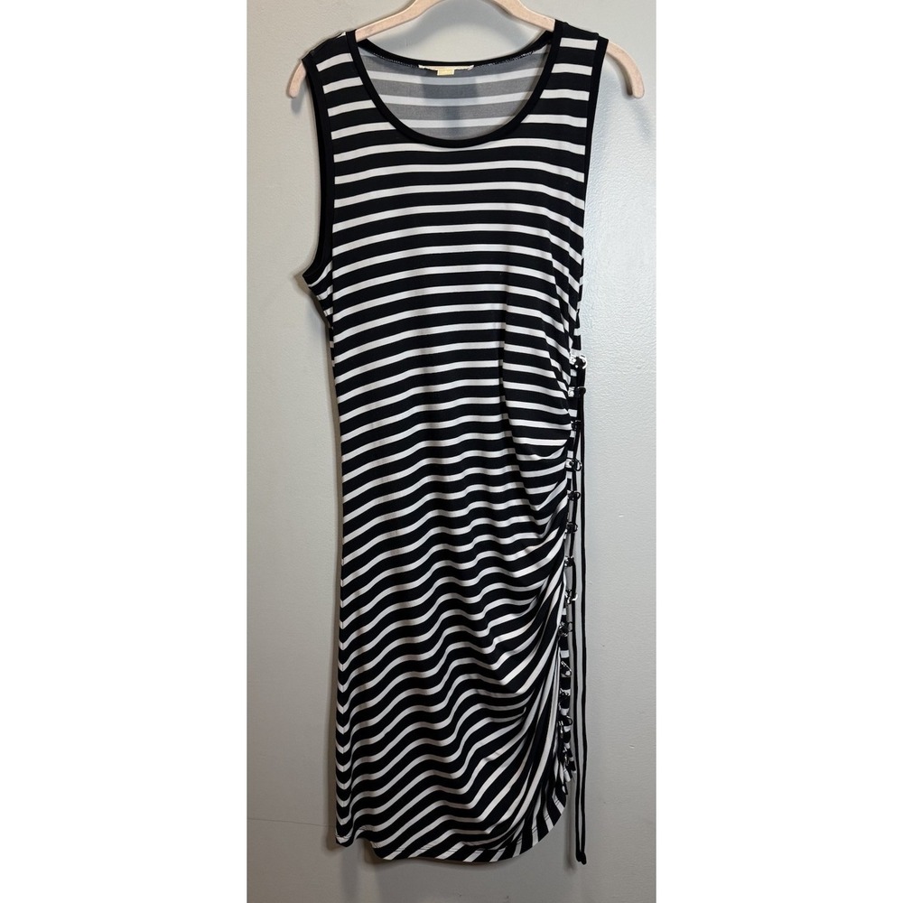 Michael‎ Michael Kors Dress Sheath SZ L Black White Stripe Ruched Lace Up Side